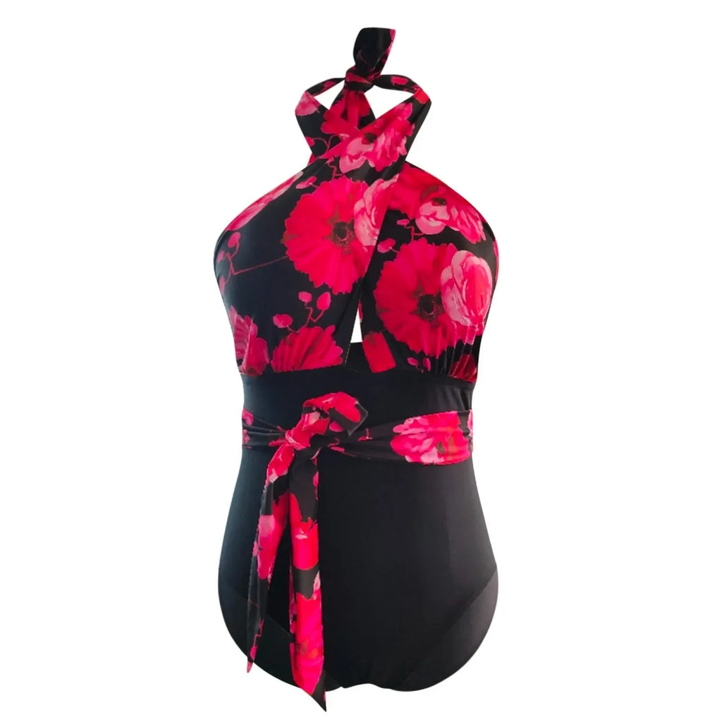 Lady Sexy Split Plus Size One-piece Swimsuit Spaghetti Straps Red Flower Colour Front View