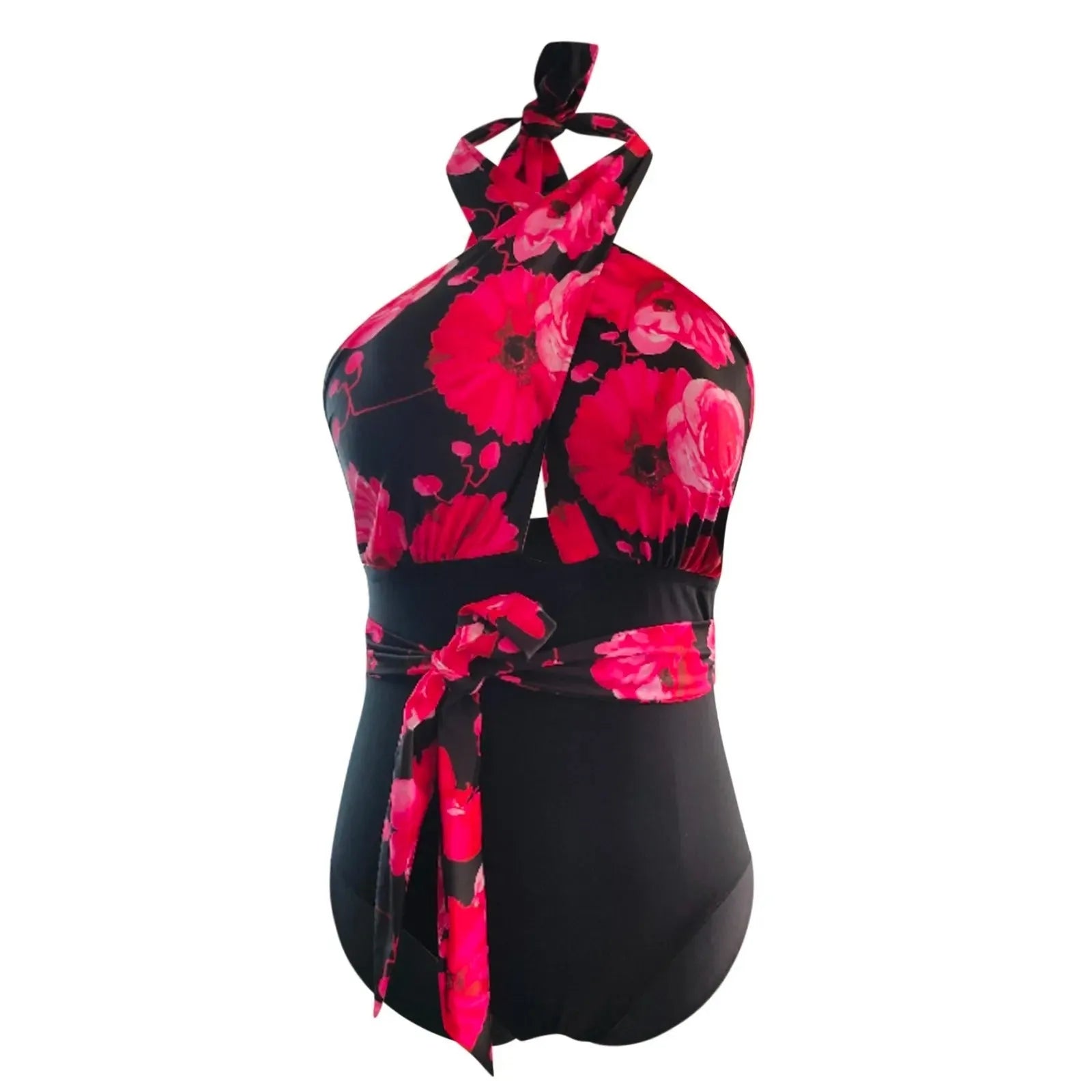 Lady Sexy Split Plus Size One-piece Swimsuit Spaghetti Straps Red Flower Colour Front View