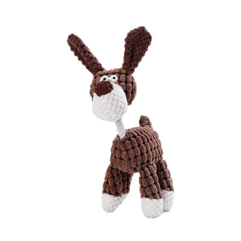 Assortment of bite-resistant plush pet toys including a donkey, a rechargeable duck, and animal companions.