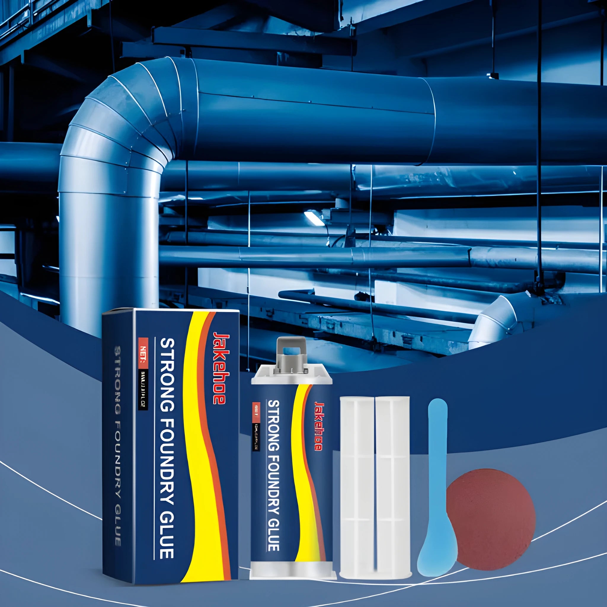85ml two-part epoxy metal casting glue sealant kit with resin, hardener, push rod, scraper, and sandpaper.