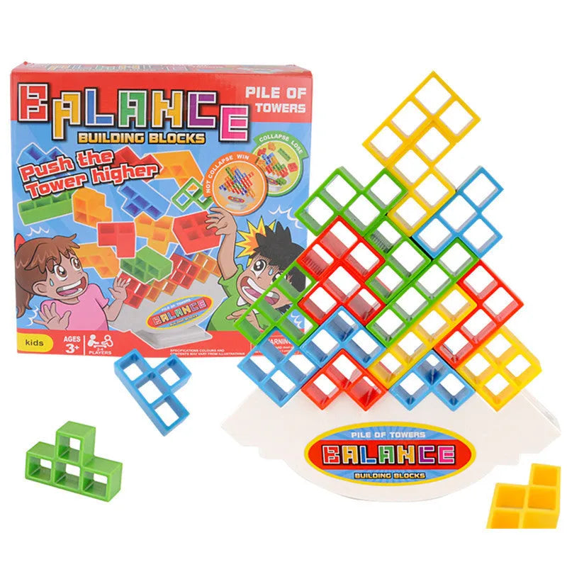 Plastic balance stacking game with coloured blocks, chassis and base for kids and adults
