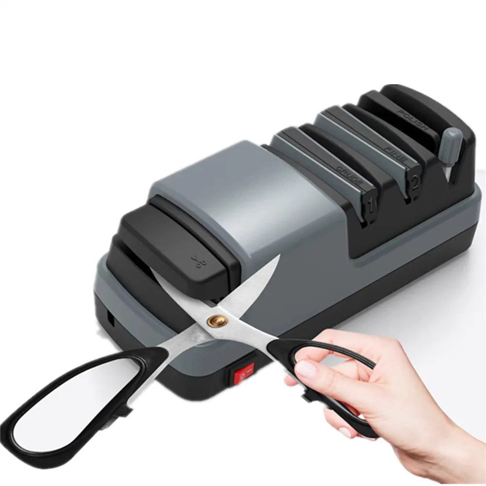 Gray multifunctional electric knife sharpener with diamond wheel and ceramic rod, 18W, 250 x 99 x 88mm