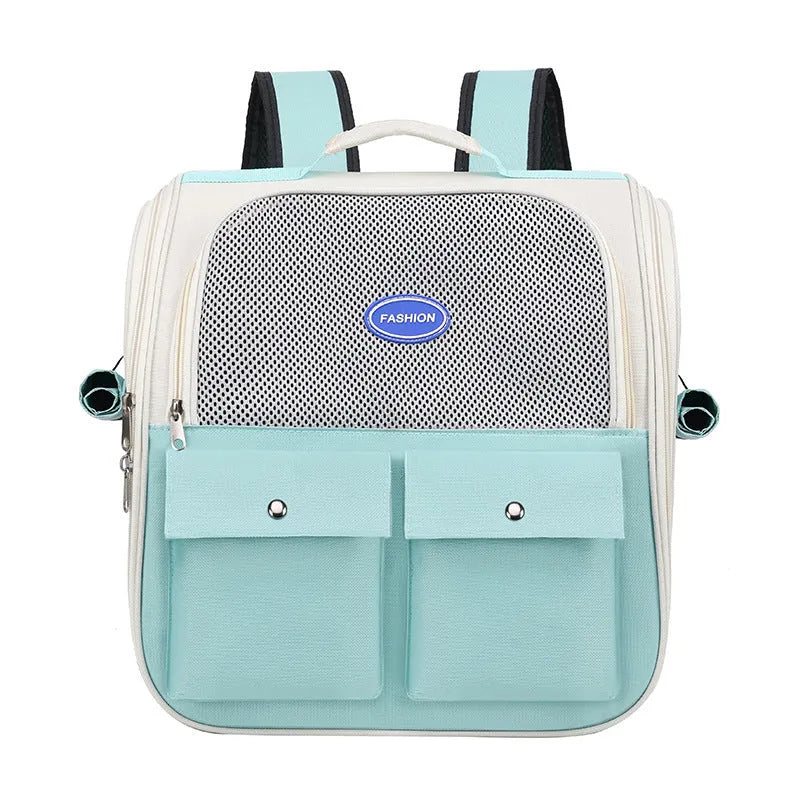 Portable breathable pet backpack in solid colour Oxford cloth with medium soft hardness for pet travel.