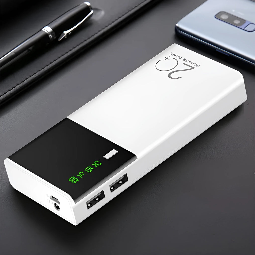 White large capacity mobile power bank with digital display and two USB ports on a clean background