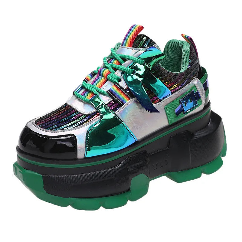 Women's casual lace-up shoes in patent PU leather with colour block pattern, round toe, and mid heel
