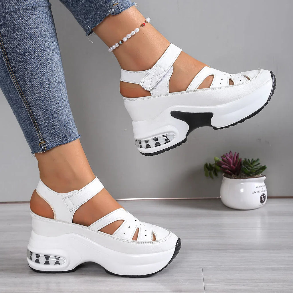 Women's black platform hollow-out sandals with hook-and-loop closure and round toe, PU upper