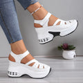 Women's black platform hollow-out sandals with hook-and-loop closure and round toe, PU upper