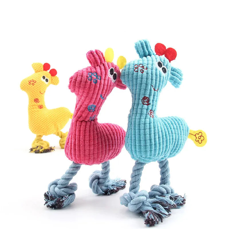Blue plush deer dog toy with corn kernel texture and a squeaker, on a white background.