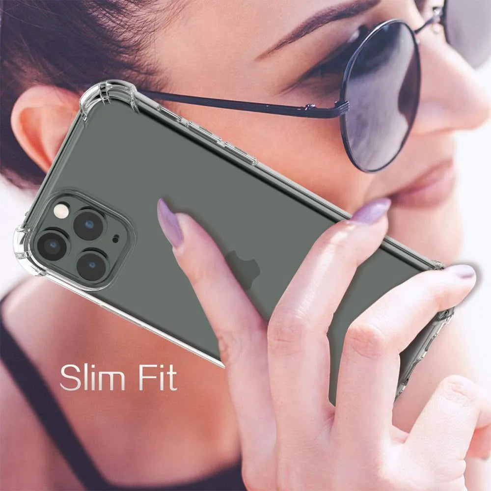 Transparent shockproof TPU phone case for Apple iPhone models on a white background.