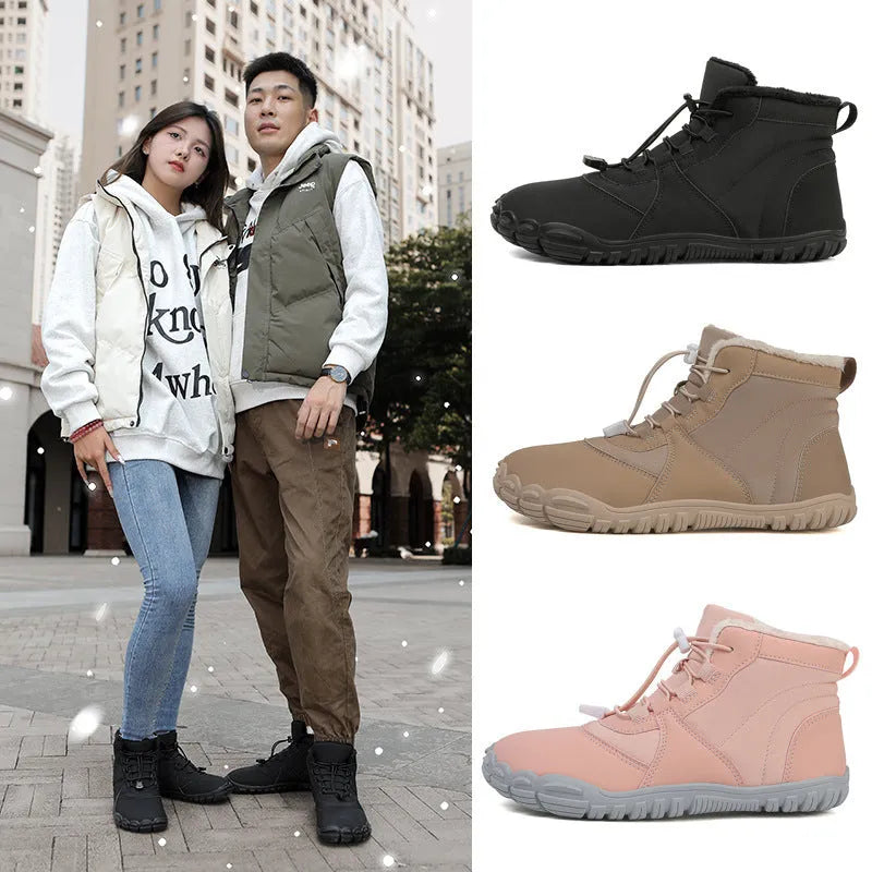 Unisex black waterproof snow boots with fleece lining and lace-up front on a rubber sole.
