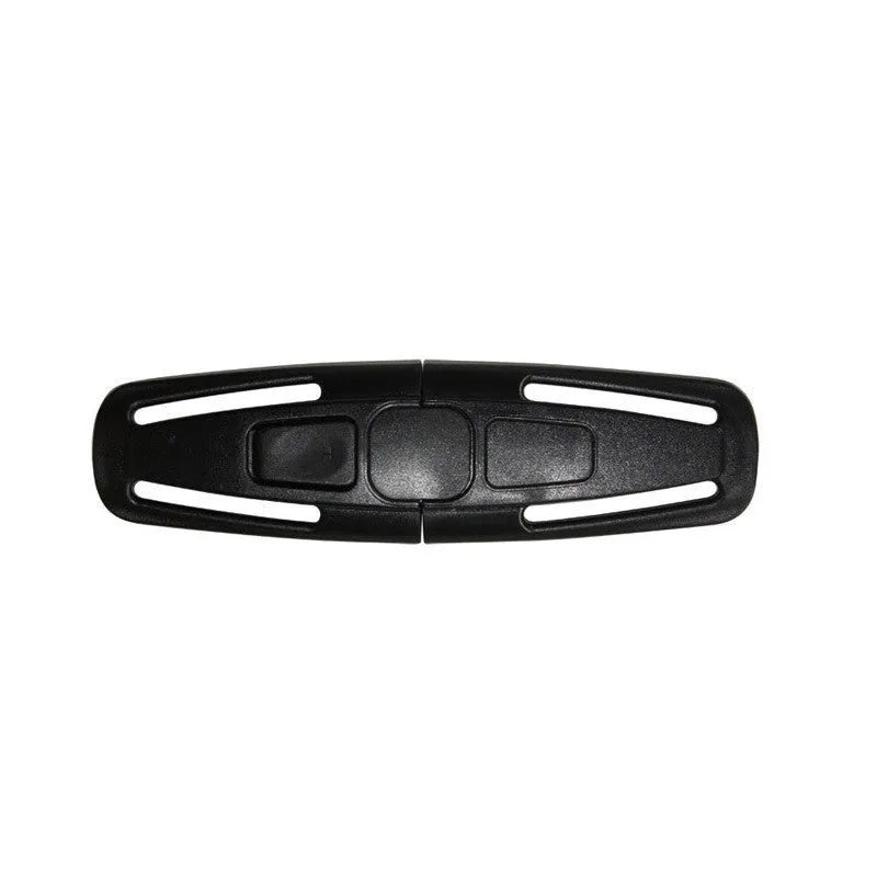 Black nylon seat belt clip for child car seat harness management.