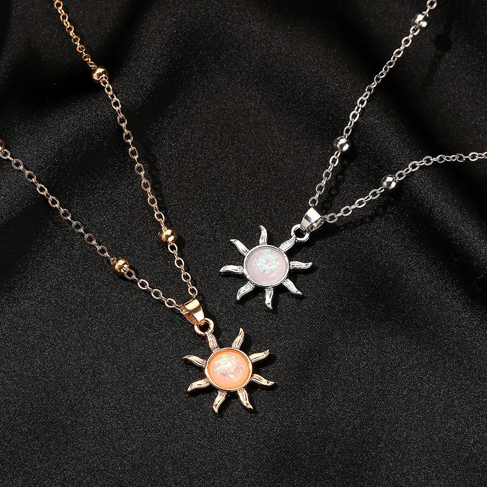 Alloy clavicle necklace with inlaid opal flower pendant on cross chain, gold or silver finish
