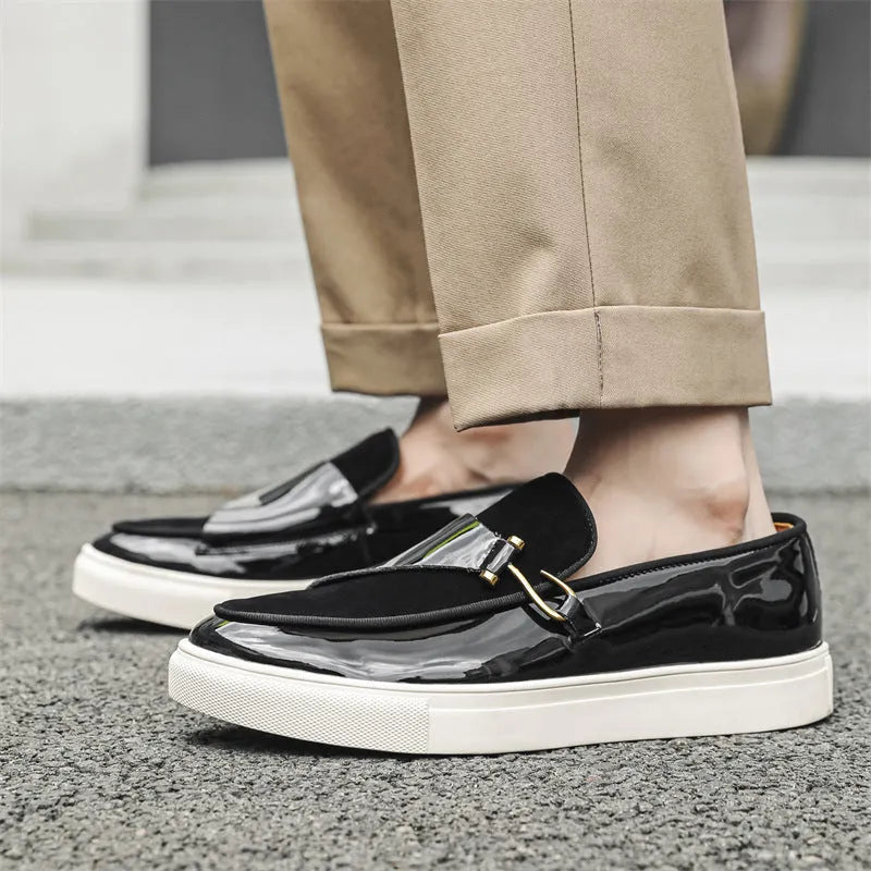 Men's solid colour casual shoes in black artificial PU leather on a neutral background