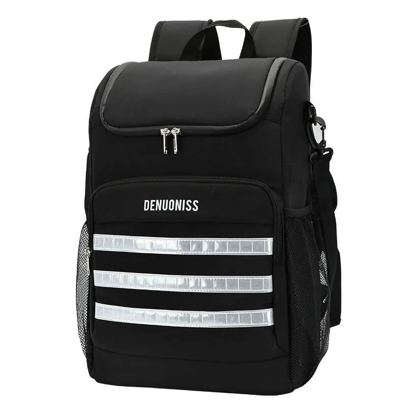 20 litre cloth backpack with bottle opener on shoulder strap in black, blue, pink, or red