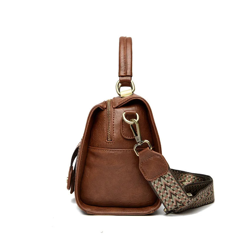 Women's soft PU leather crossbody bag in horizontal square shape with sandwich pocket design