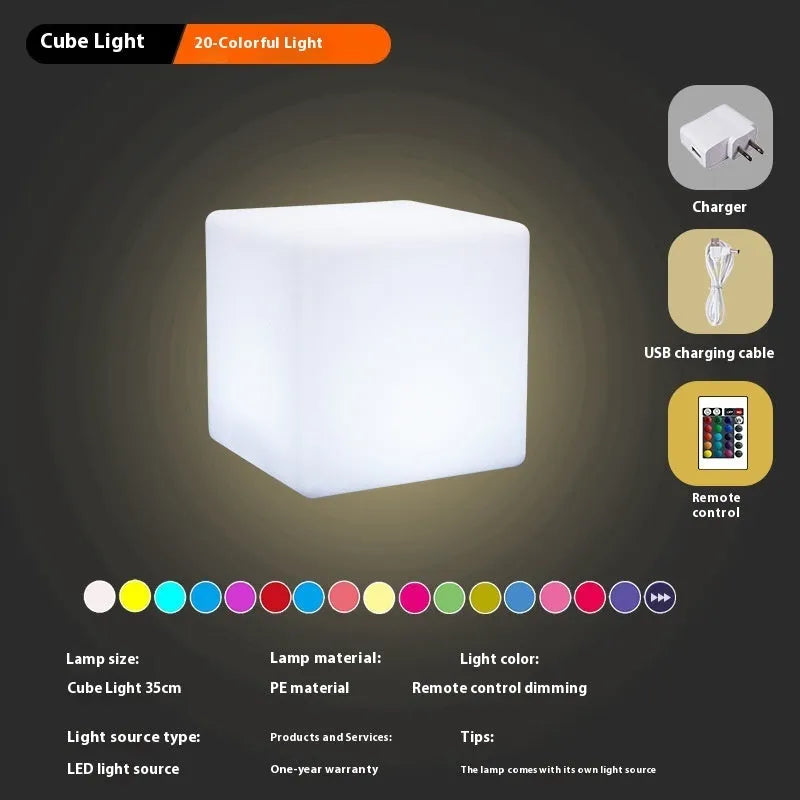 Modern square LED cube light for outdoor garden use, shown in various sizes.