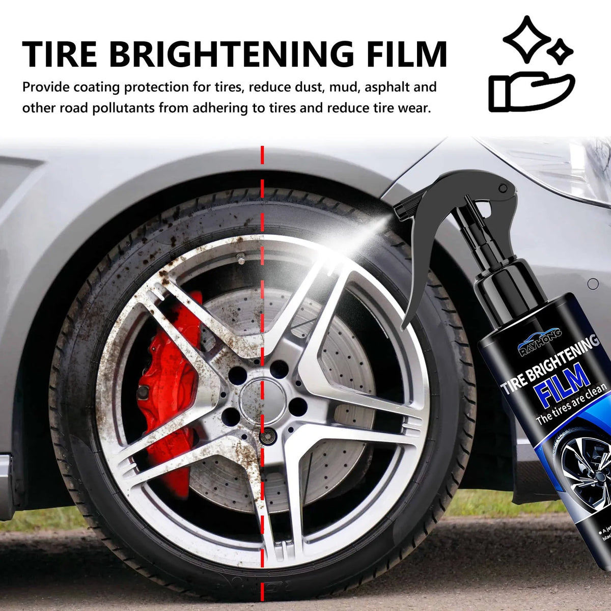 Car tyre spray paint 100ml bottle with cleaning agent for wheel refurbishment and polishing