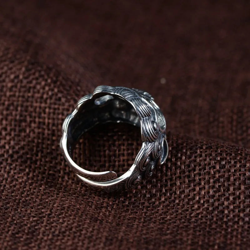 Silver open ring with detailed Jibeast pattern zodiac animal design and retro styling