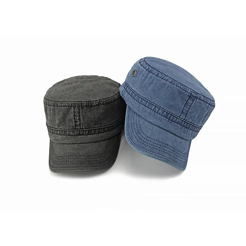 Flat top military cap in cotton fabric with adjustable sizing