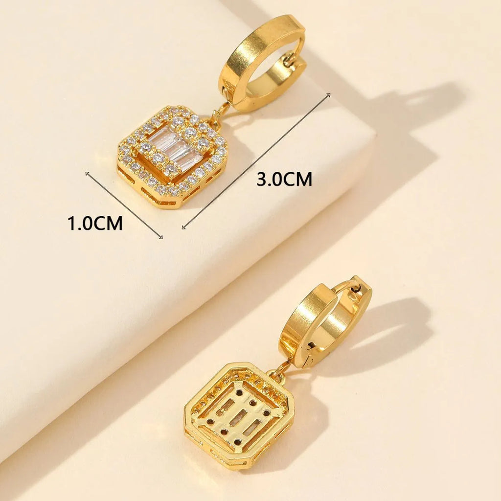 Gold octagon titanium steel earrings with zircon mosaic and buckle design, retro fashion OL style, one pair