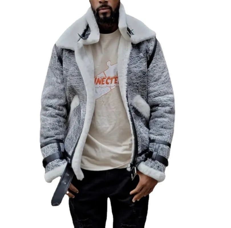 Men's grey polyester jacket with big fur collar, plus velvet thickening, loose fit, lapel collar and zip placket