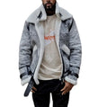 Men's grey polyester jacket with big fur collar, plus velvet thickening, loose fit, lapel collar and zip placket