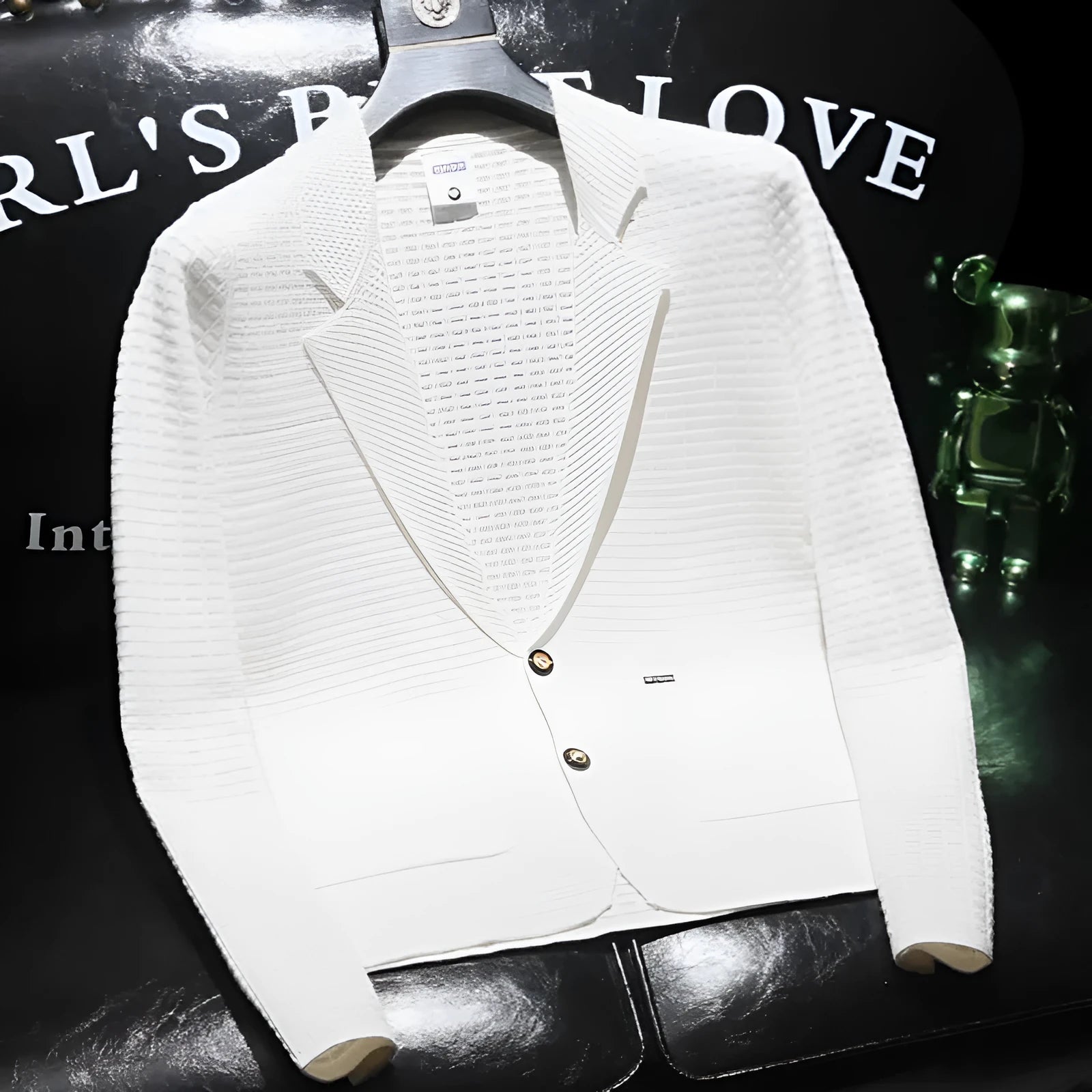 White men's thin suit top with V-neck collar showing front view