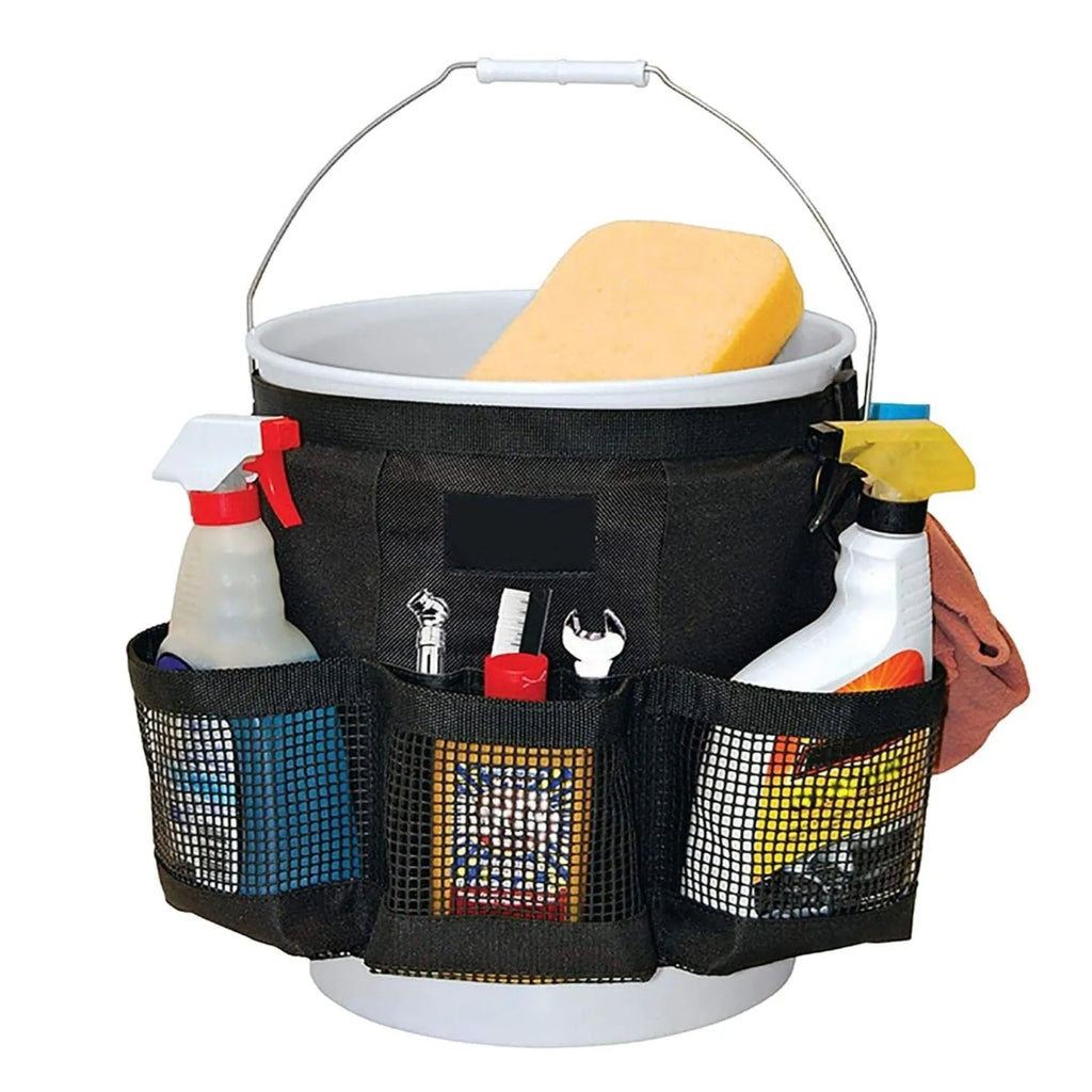 Black cylindrical polyester storage bag hanging on 5 gallon bucket for tool organisation