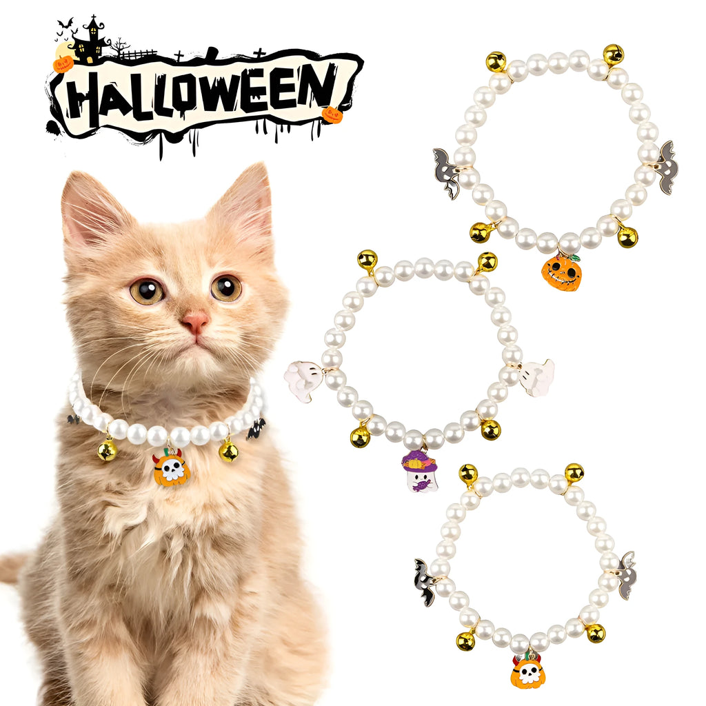 Halloween cat collar with simulated pearls and a choice of purple ghost, skull, or smiling pumpkin print.