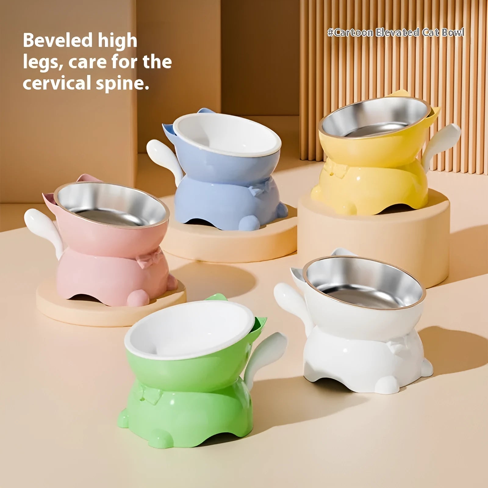 Matte finish stainless steel tilted cat bowl in four colours on a kitchen counter