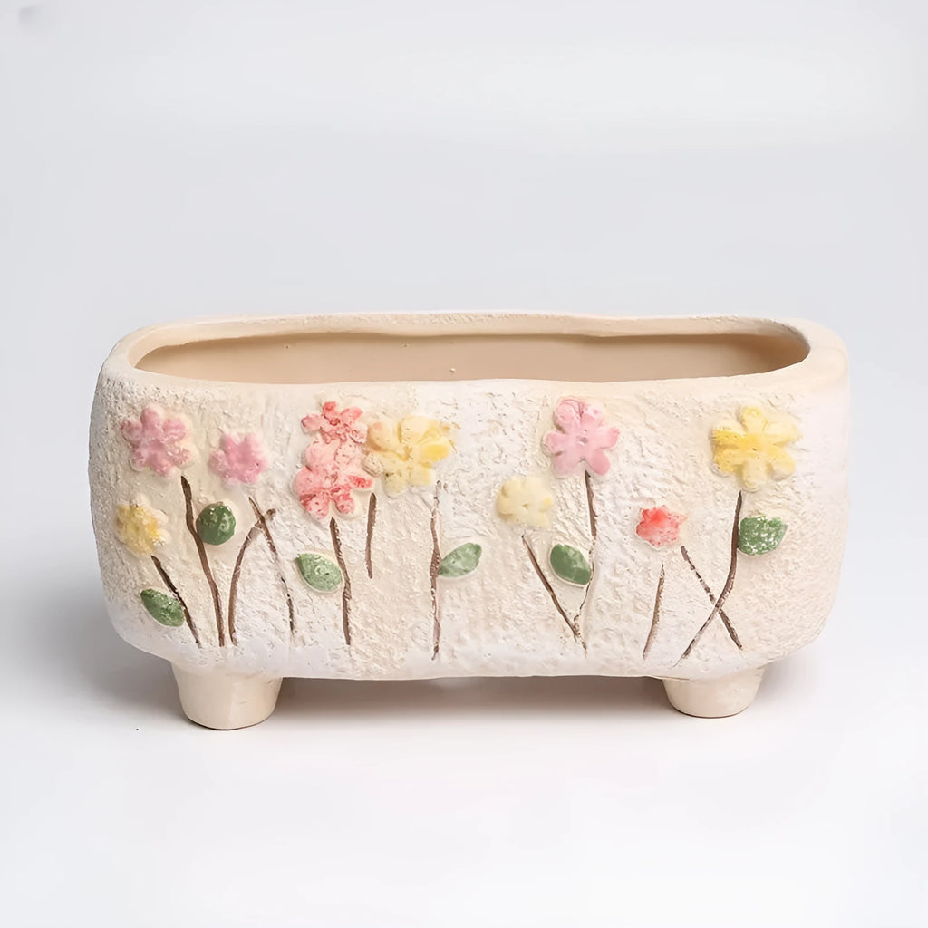 Hand-painted rectangular ceramic flower pot for succulents measuring 13.7cm long by 6.2cm wide