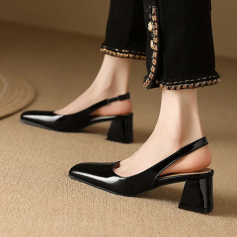 Women's square toe slip-on sandals with buckle in apricot, black, and pink, PU upper, rubber sole.