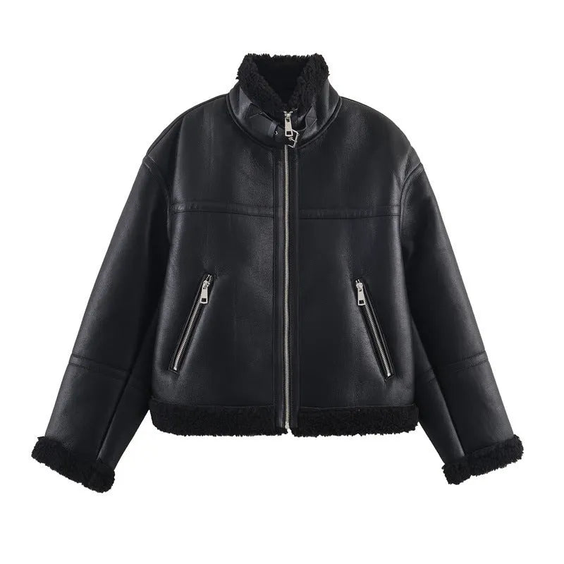 Women's double-sided fleece jacket black reversible casual PU fabric medium thickness