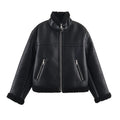 Women's double-sided fleece jacket black reversible casual PU fabric medium thickness