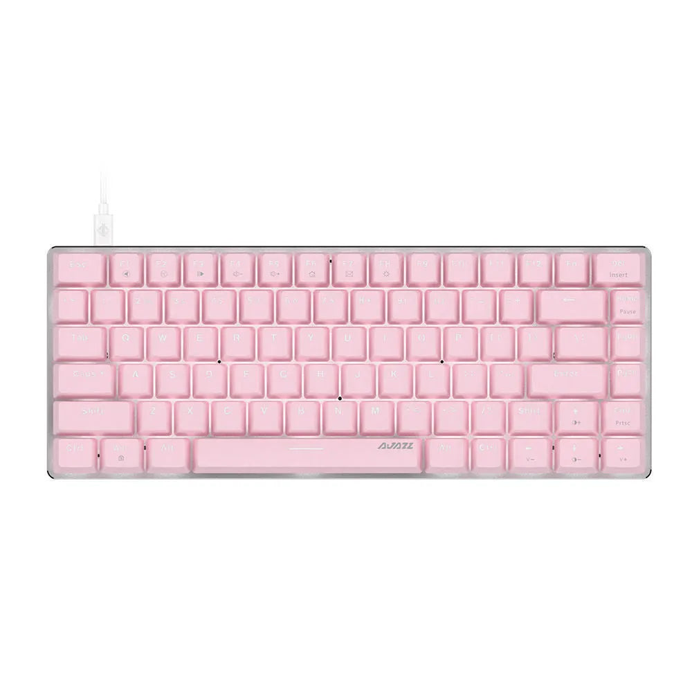 Pink mechanical gaming keyboard with 82 keys, white backlight, and metal construction on desk