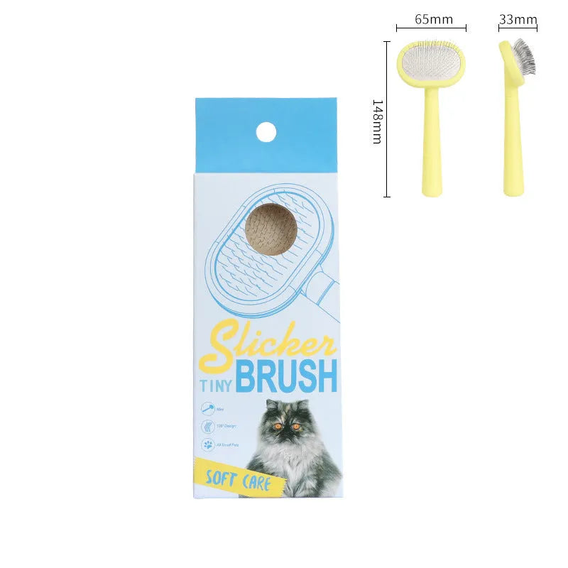 Pet cat and dog hair brush set with plastic handle and metal needles in yellow, green, and purple colours