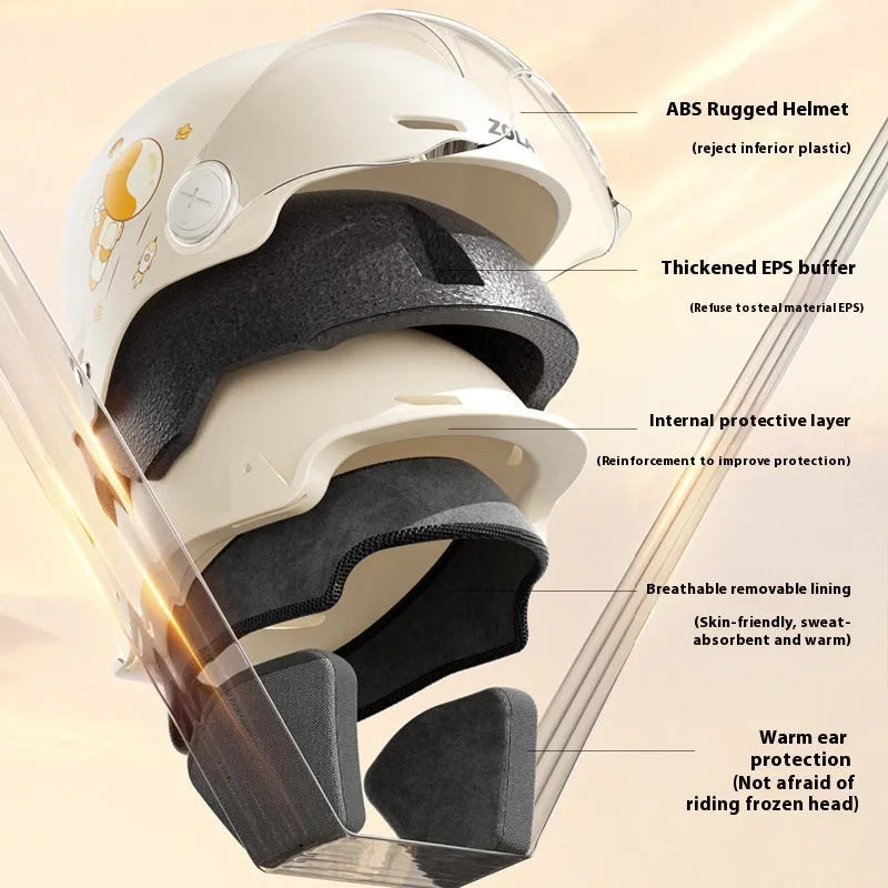 Khaki coloured motorcycle half helmet with integrated tinted sun lens, shown from the front.