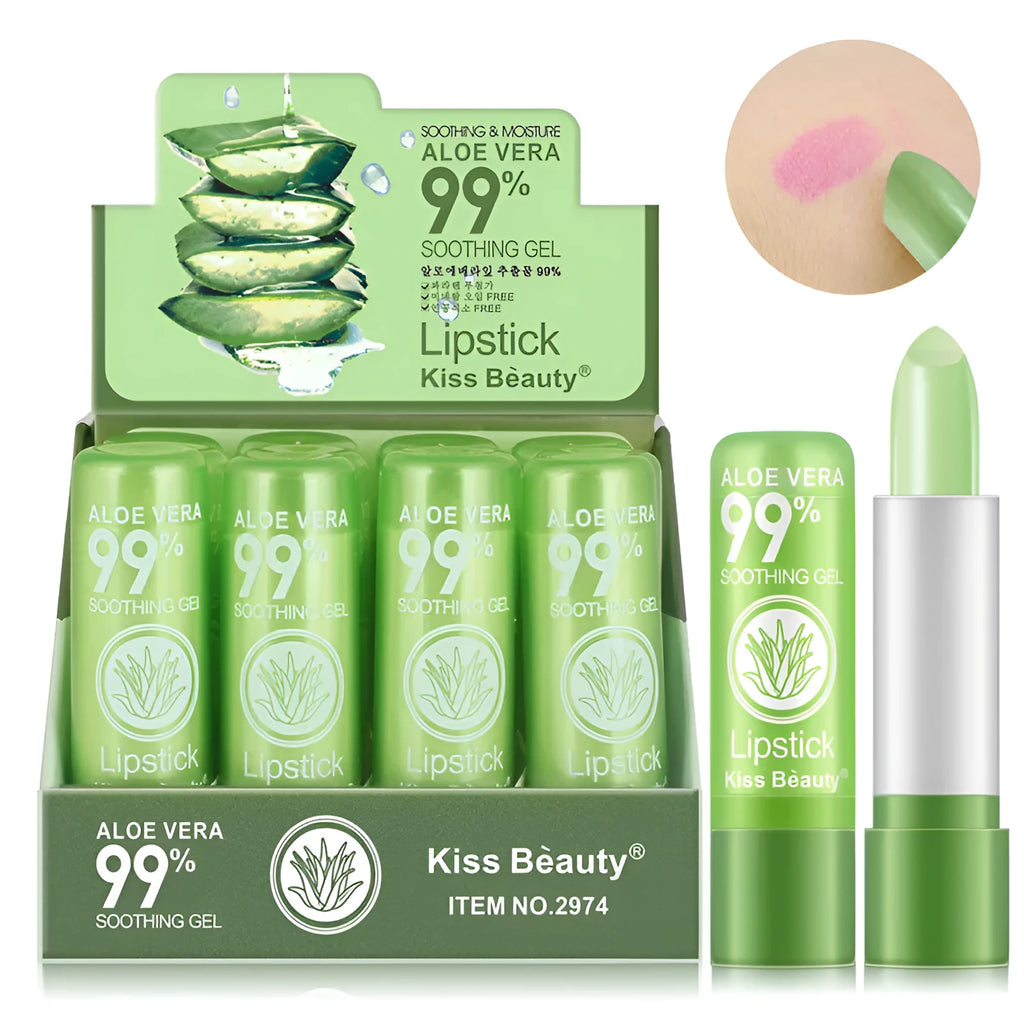 Aloe vera color changing lip balm stick in green, 3.5g compact size 2x2x7.5cm, temperature reactive formula
