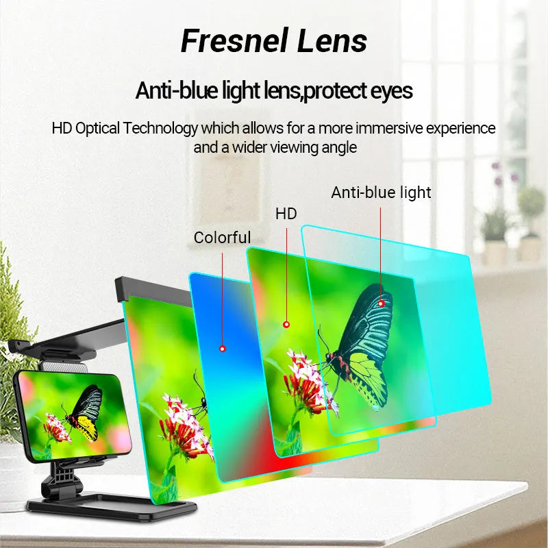 Black folding mobile phone screen magnifier and adjustable holder on a desktop.