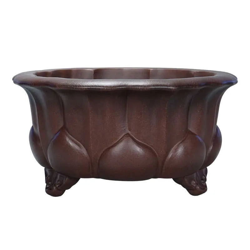 Square antique purple-red clay succulent bonsai pot on a table, measuring 37cm wide.