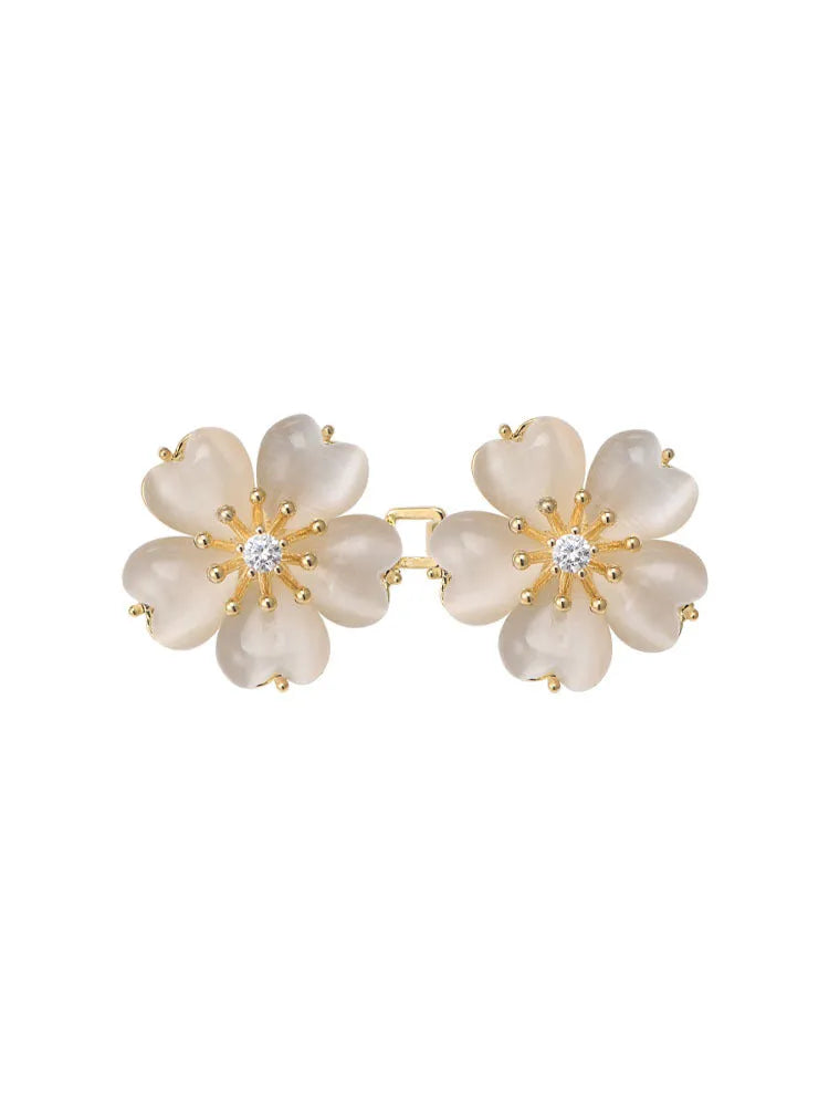 Cherry blossom belt buckle brooch for women, gold colour, synthetic cubic zirconia and rhinestone, 21mm x 44mm