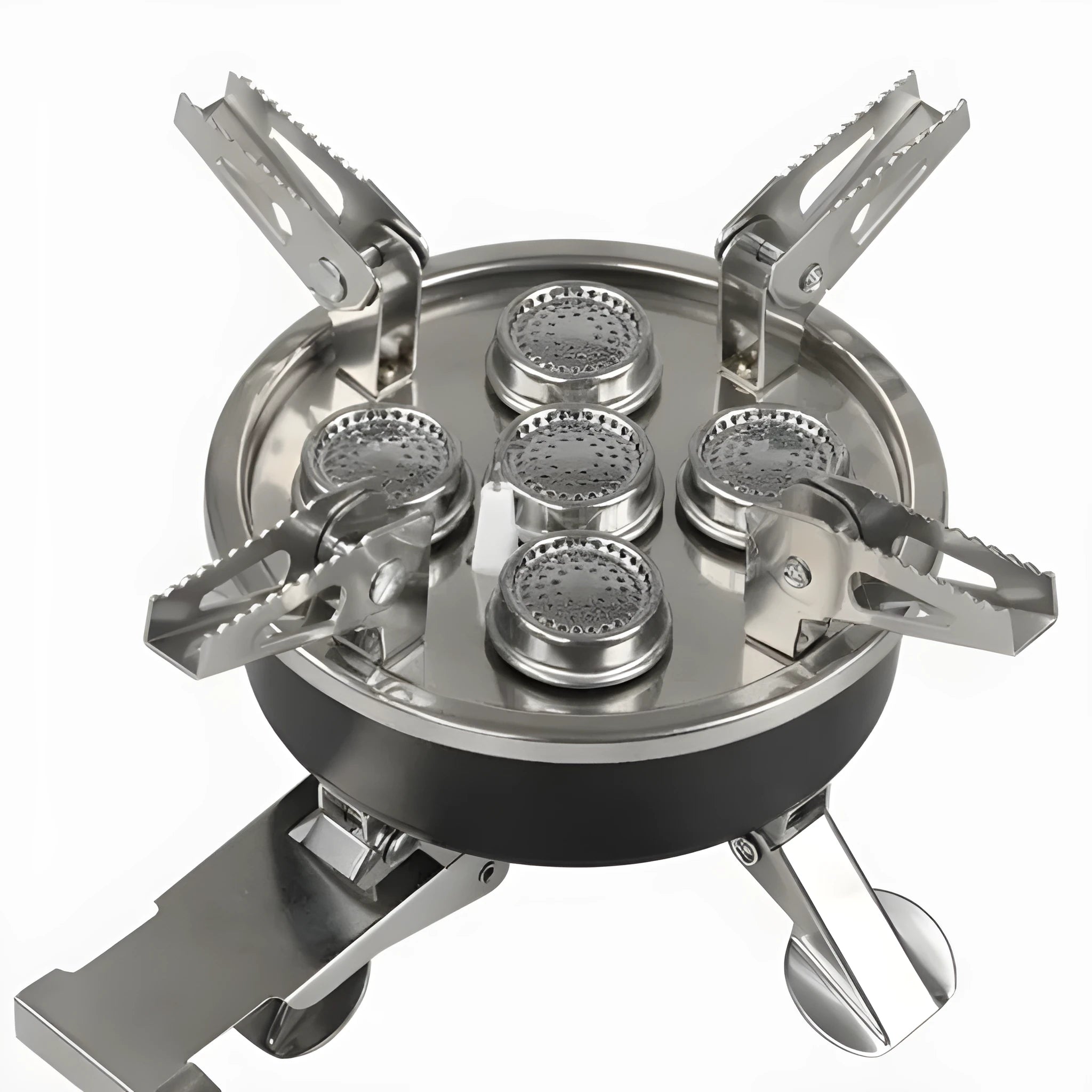 Silver portable split camping stove with extended copper hose on a 155x125mm stainless steel base.