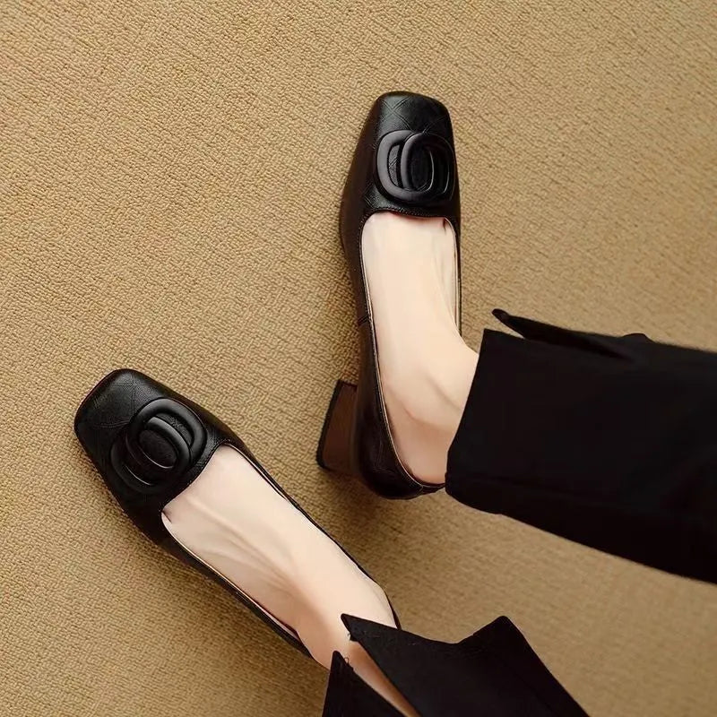 Women's sheepskin chunky heel pumps in black, square toe, low top, with buckle detail