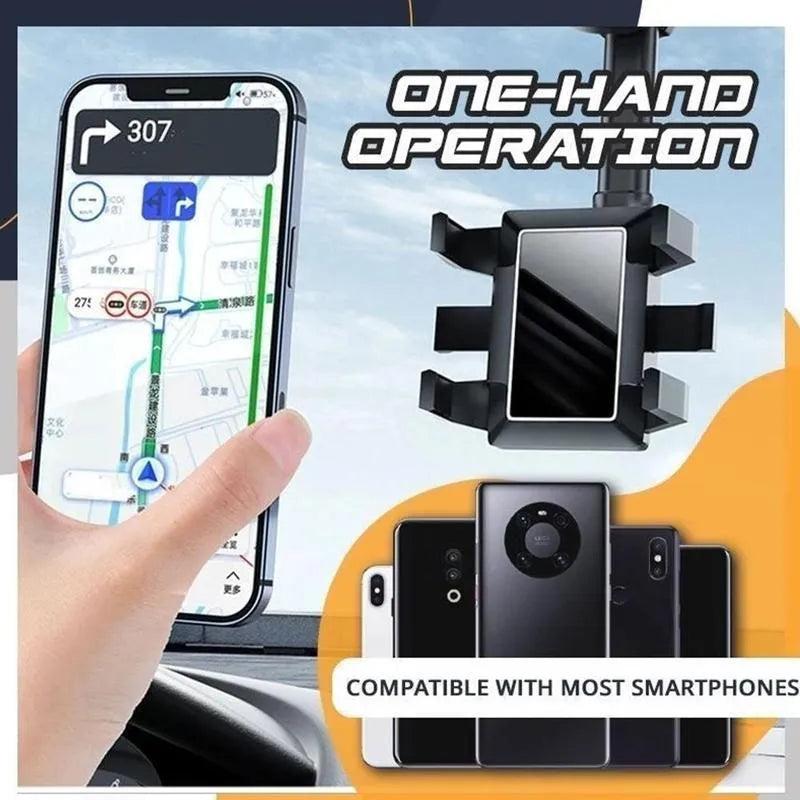 Classic black rearview mirror phone holder mounted on a car mirror, showing its adjustable arm and four-claw phone grip.