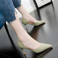 Women's black pointed-toe stiletto high heels with leather stitching details and 6-8cm heel