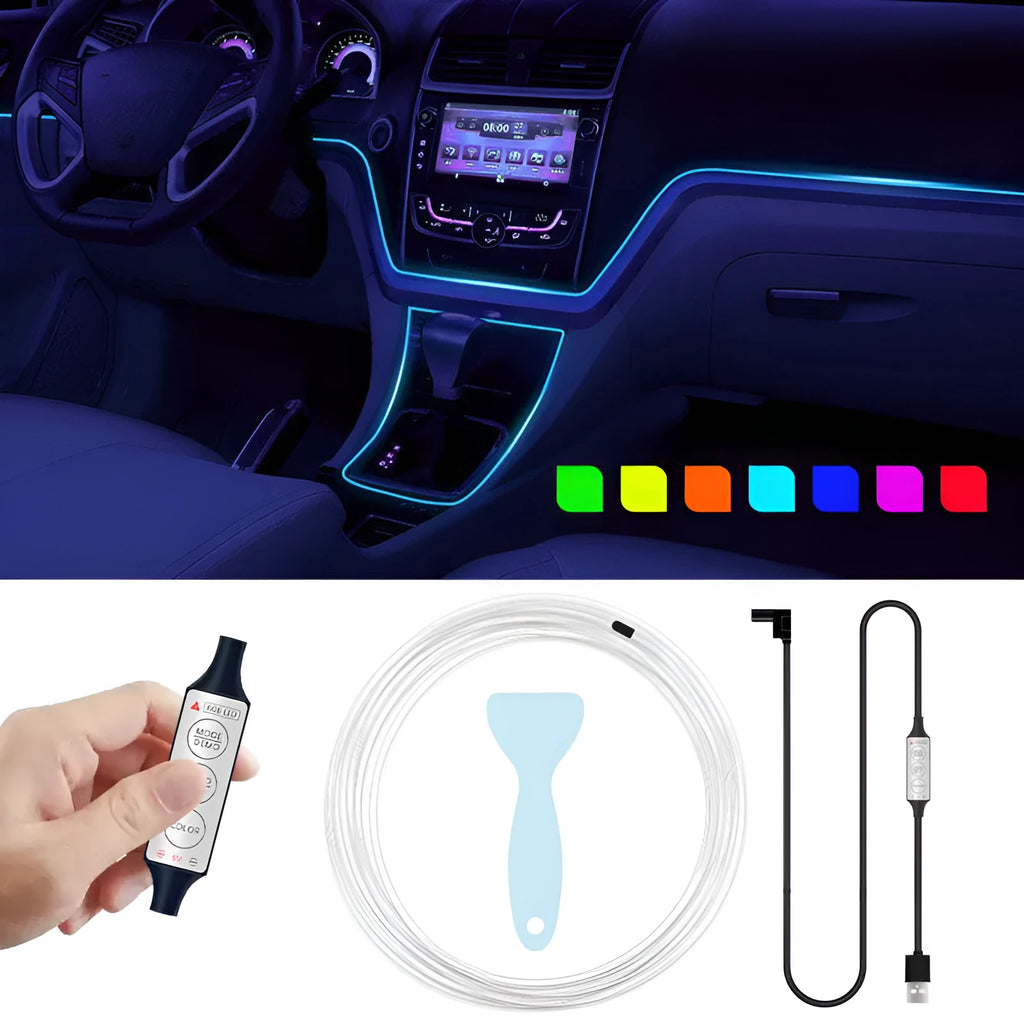 RGB car interior LED light strip with manual controller showing colour changing effects