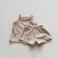 Infant thin cotton waffle suspender shorts suit in four colours, two-piece set for babies