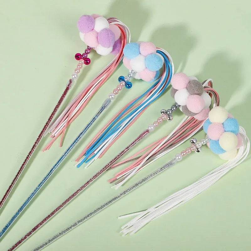 Acrylic cat fairy rod toy with colourful stripes, available in blue, white, pink, purple, or orange