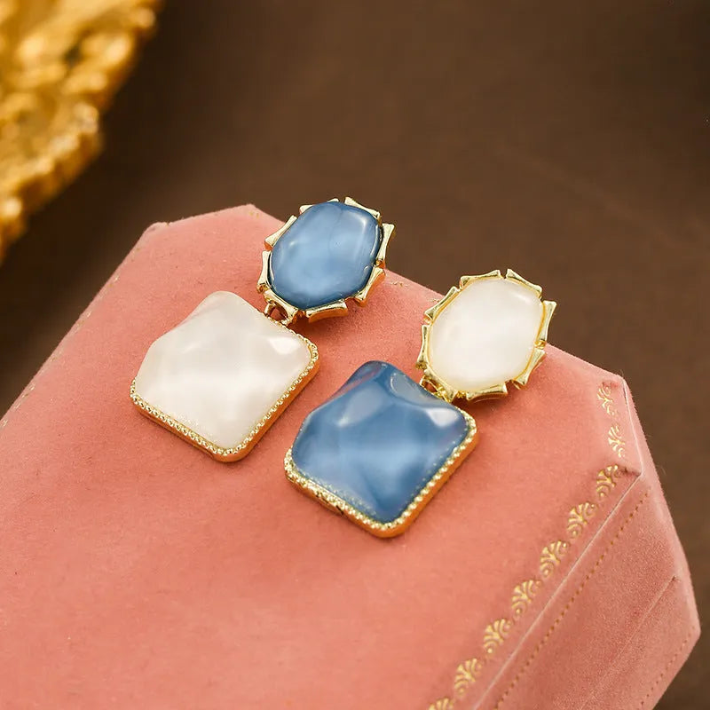 Alloy geometric square earrings with water ripple contrast finish in sapphire blue