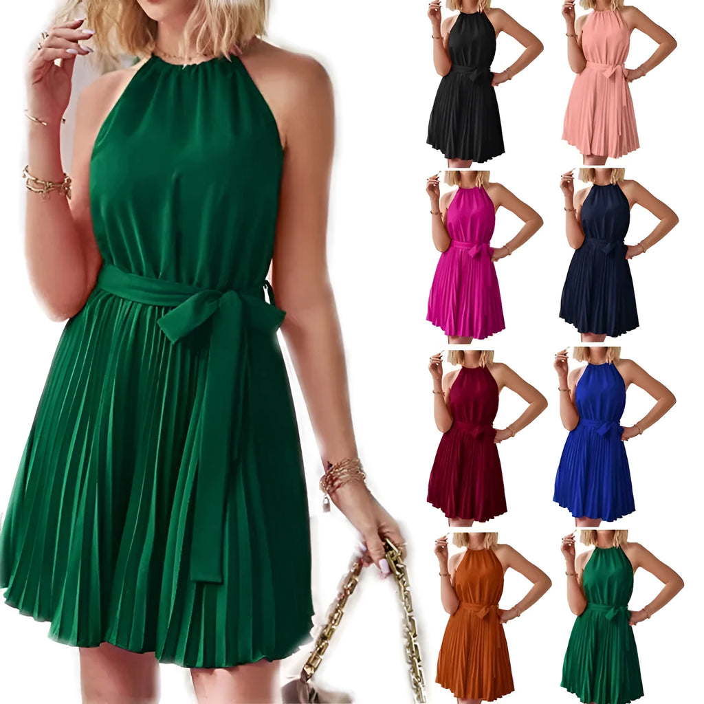 Women's halter strapless chiffon dress with pleated midi skirt and adjustable waist belt